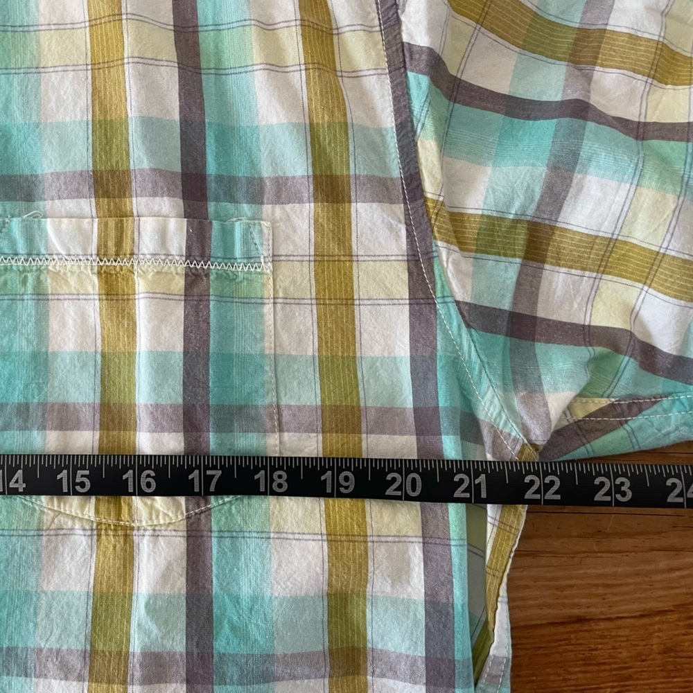 Kavu Men's Short Sleeve Plaid Cotton Button Down Shirt Blue Gold White Sz L - Picture 6 of 8